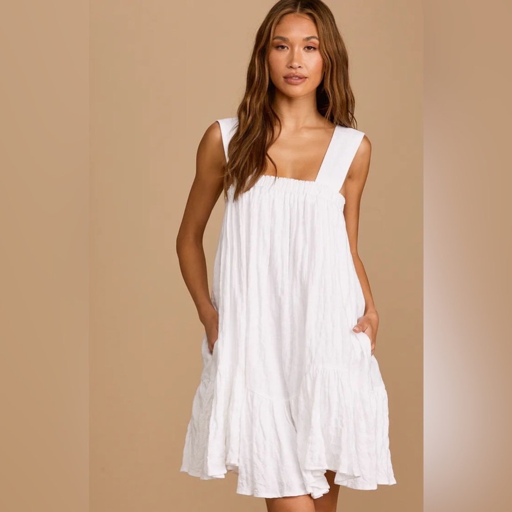 Lulu’s Flirty and Flowy White Tie-Strap Swing Dress Large